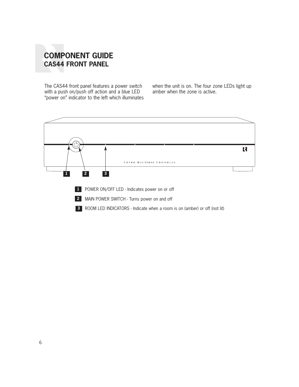 Component guide, Cas44 front panel | Russound CAS44 User Manual | Page 6 / 40