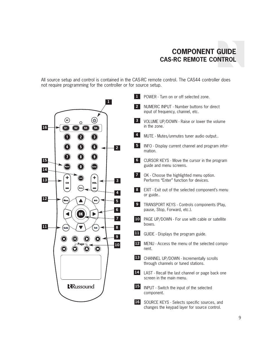 Component guide, Cas-rc remote control | Russound CAS44 User Manual | Page 9 / 40