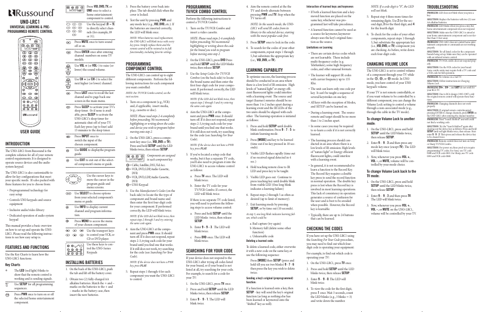 Russound UNO-LRC1 User Manual | 2 pages