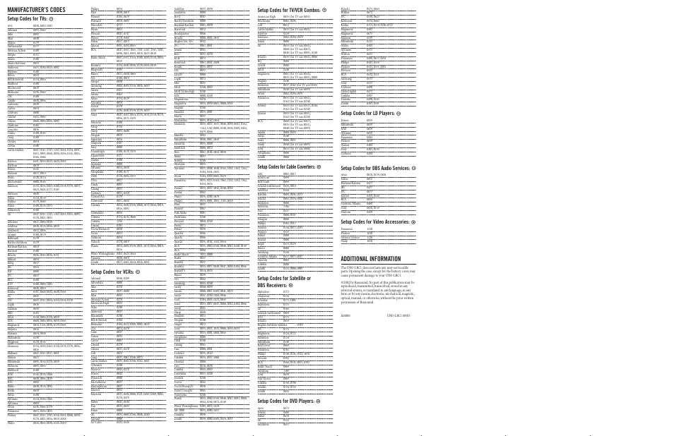 Manufacturer’s codes, Additional information, Setup codes for tvs | Setup codes for vcrs, Setup codes for tv/vcr combos, Setup codes for cable coverters, Setup codes for satellite or dbs receivers, Setup codes for dvd players, Setup codes for ld players, Setup codes for dbs audio services | Russound UNO-LRC1 User Manual | Page 2 / 2