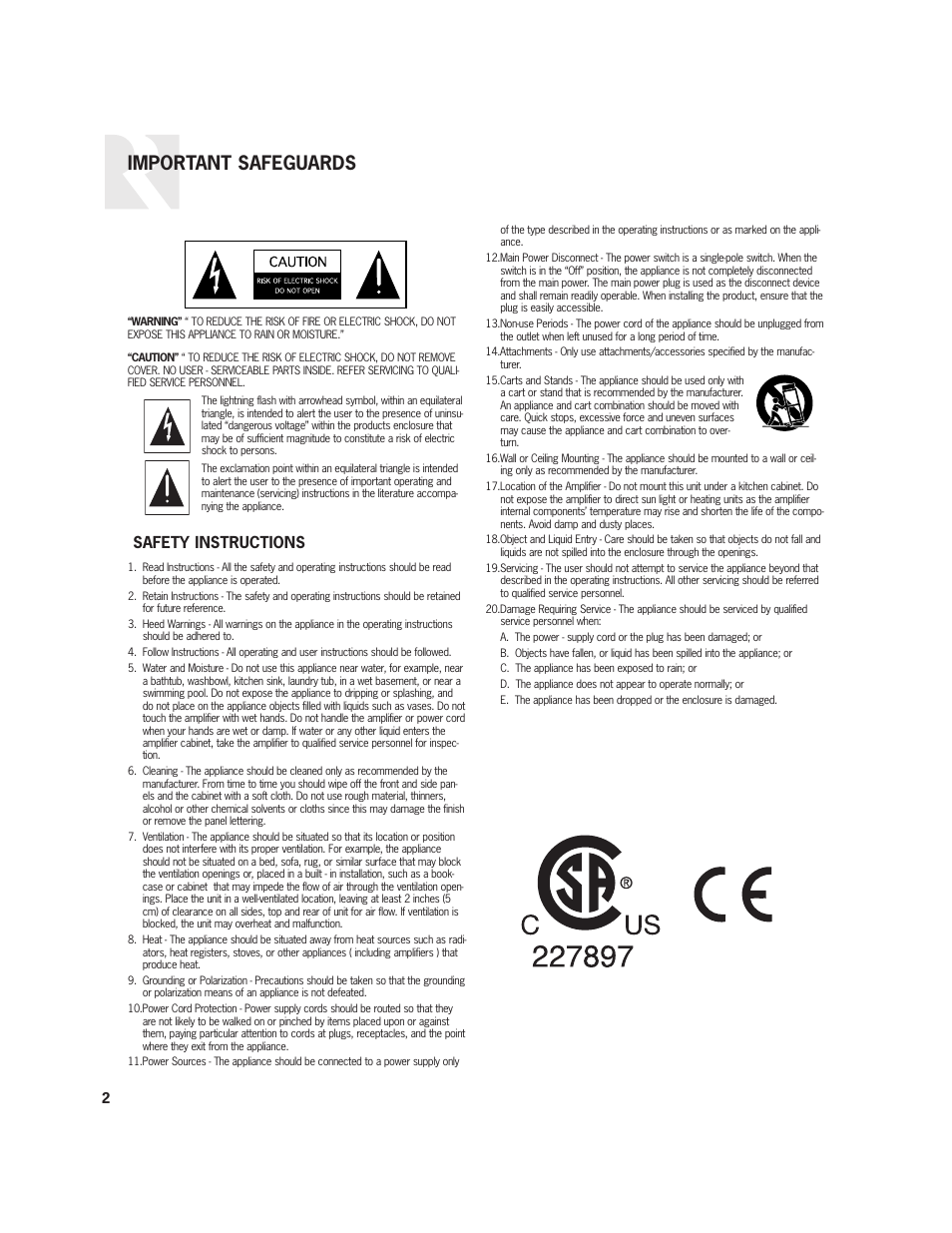 Important safeguards, Safety instructions | Russound R-Series User Manual | Page 2 / 8