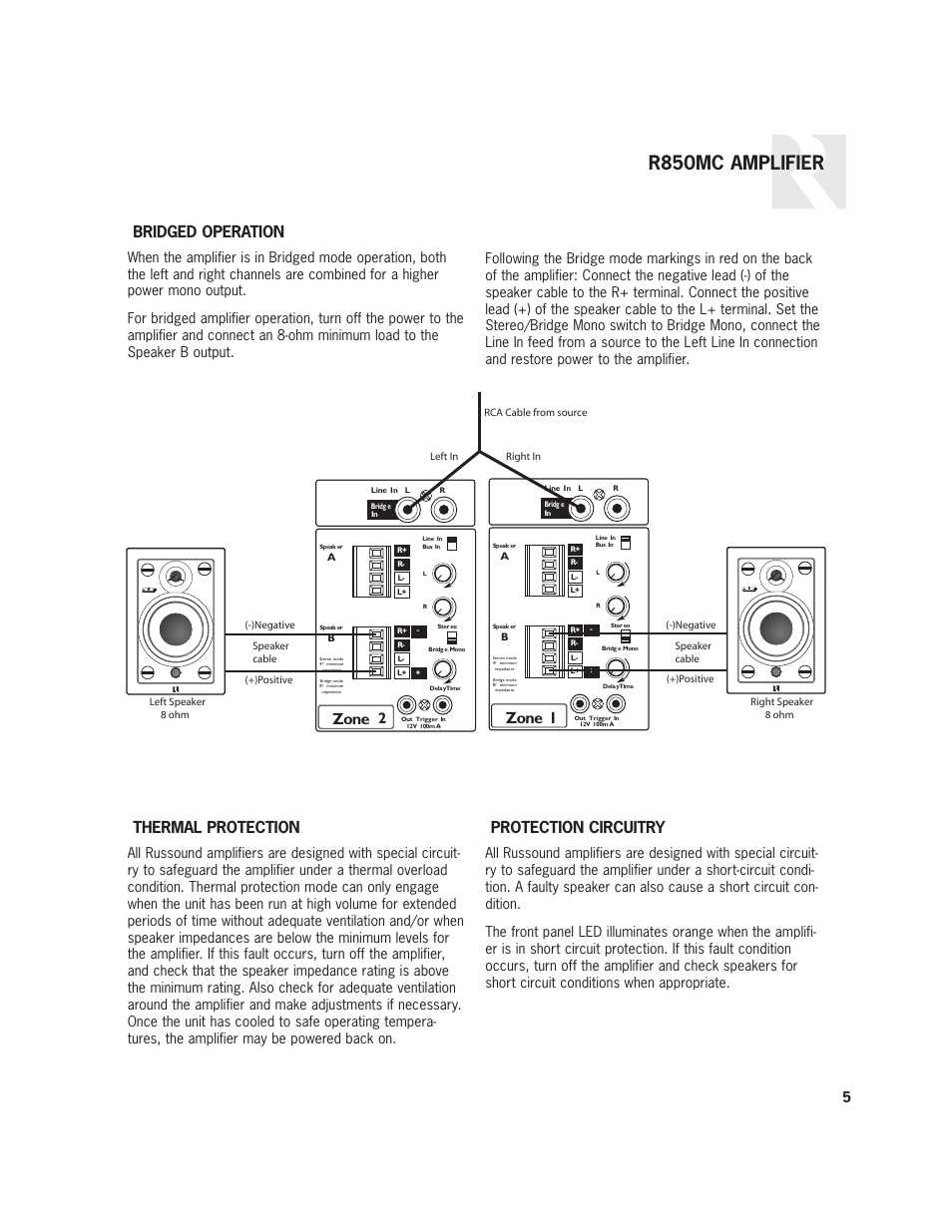R850mc amplifier, Zone 1, Zone | Bridged operation, Thermal protection, Protection circuitry | Russound R-Series User Manual | Page 5 / 8