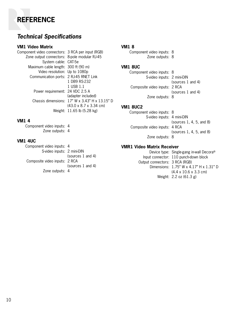 Reference, Technical specifications | Russound VIDEO MATRIX VM1 User Manual | Page 10 / 12