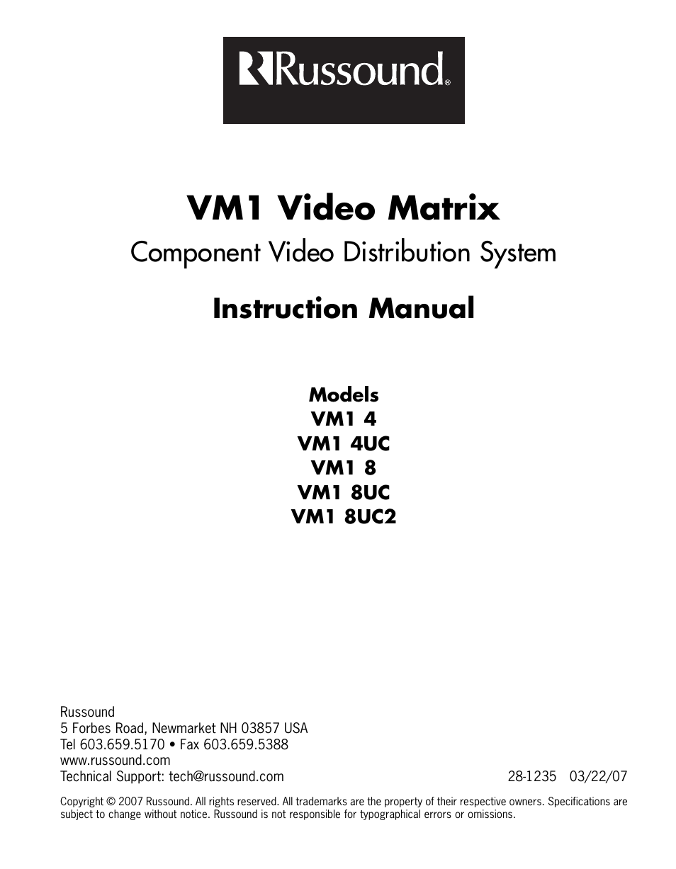 Vm1 video matrix | Russound VIDEO MATRIX VM1 User Manual | Page 12 / 12