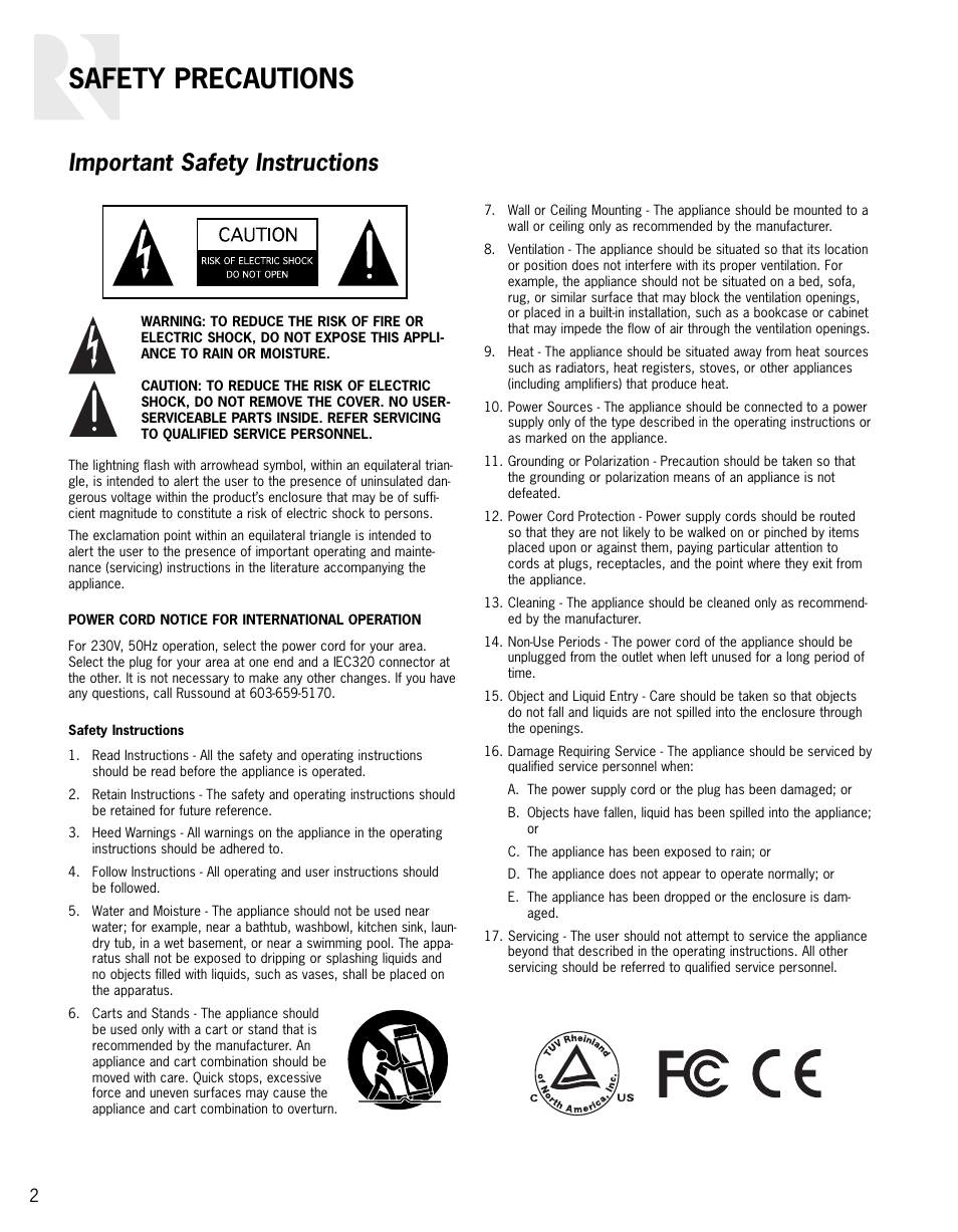 Safety precautions, Important safety instructions | Russound VIDEO MATRIX VM1 User Manual | Page 2 / 12