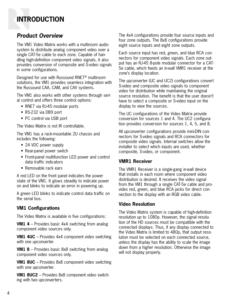 Introduction, Product overview | Russound VIDEO MATRIX VM1 User Manual | Page 4 / 12