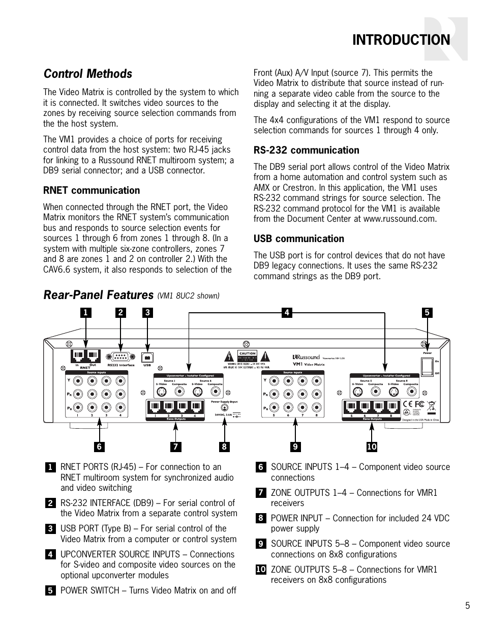 Introduction, Control methods, Rear-panel features | Russound VIDEO MATRIX VM1 User Manual | Page 5 / 12