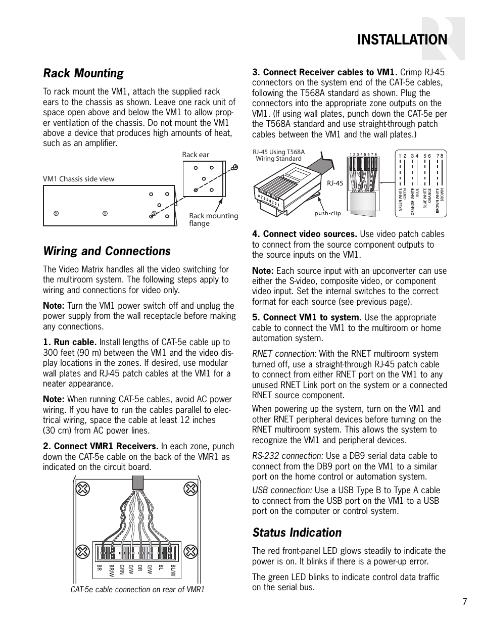 Installation, Rack mounting, Wiring and connections | Status indication | Russound VIDEO MATRIX VM1 User Manual | Page 7 / 12