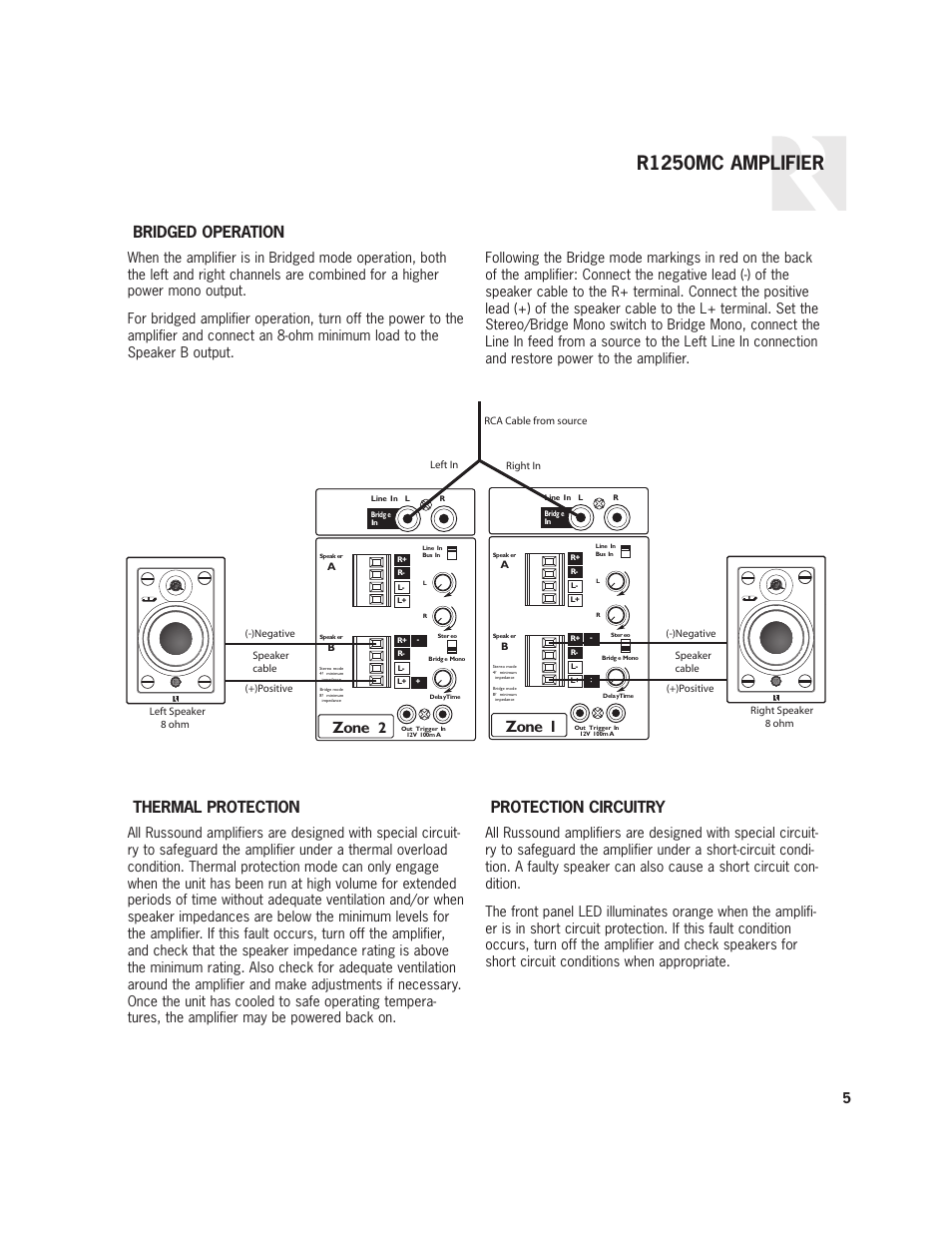 R1250mc amplifier, Zone 1, Zone | Bridged operation, Thermal protection, Protection circuitry | Russound R1250MC User Manual | Page 5 / 8