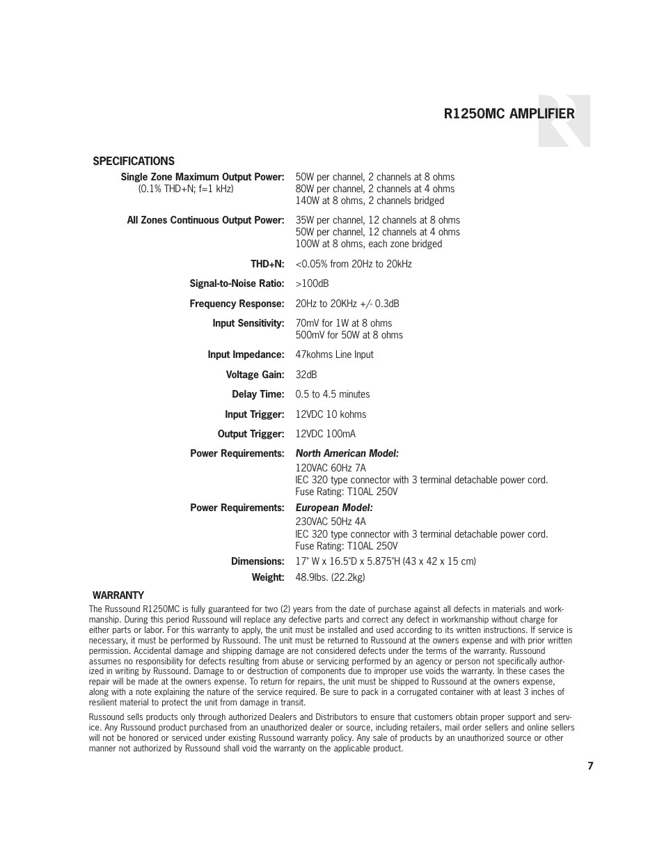 R1250mc amplifier | Russound R1250MC User Manual | Page 7 / 8