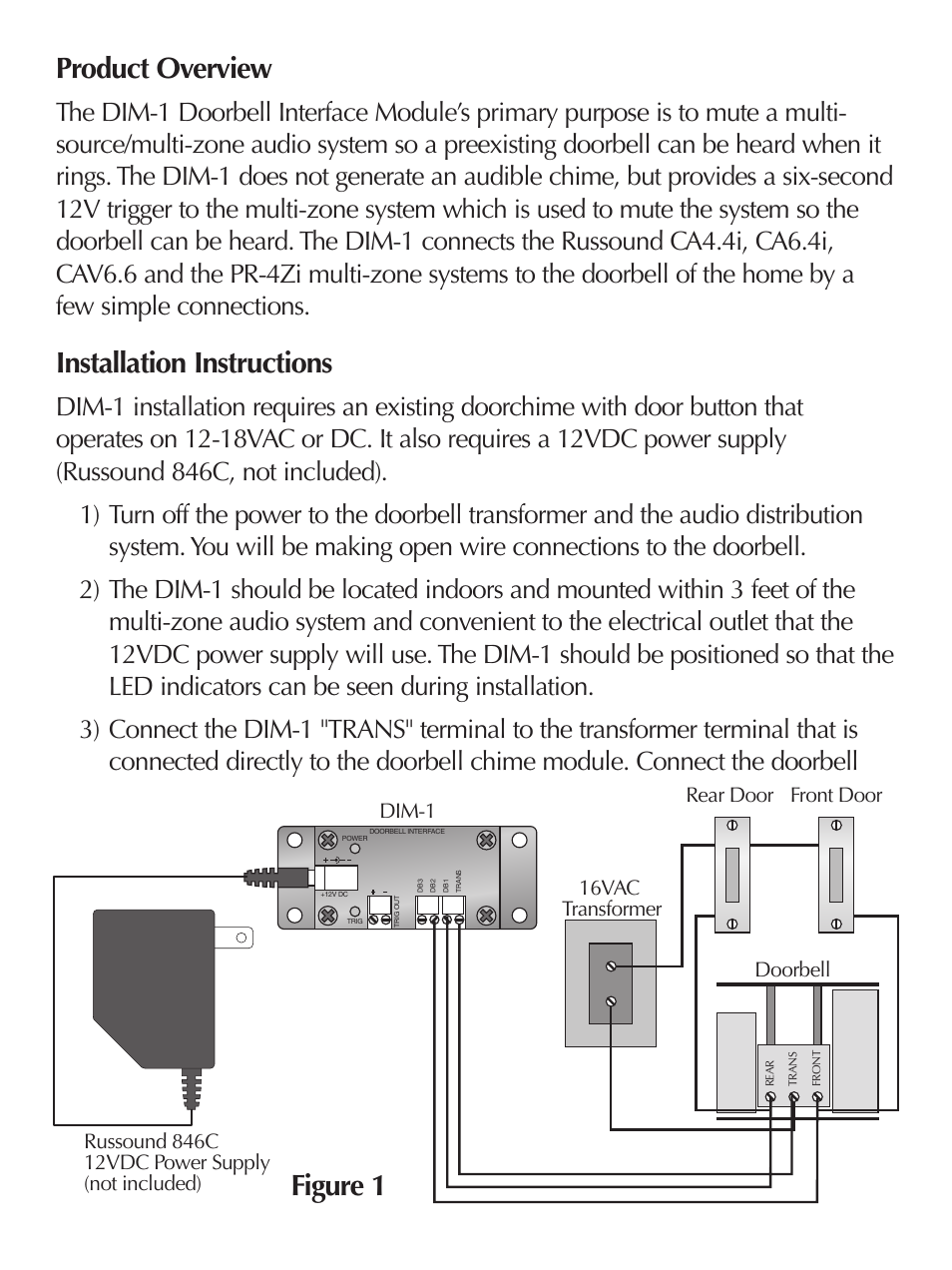 Product overview, Installation instructions, Figure 1 | Russound DOORBELL INTERFACE MODULE DIM-1 User Manual | Page 2 / 4