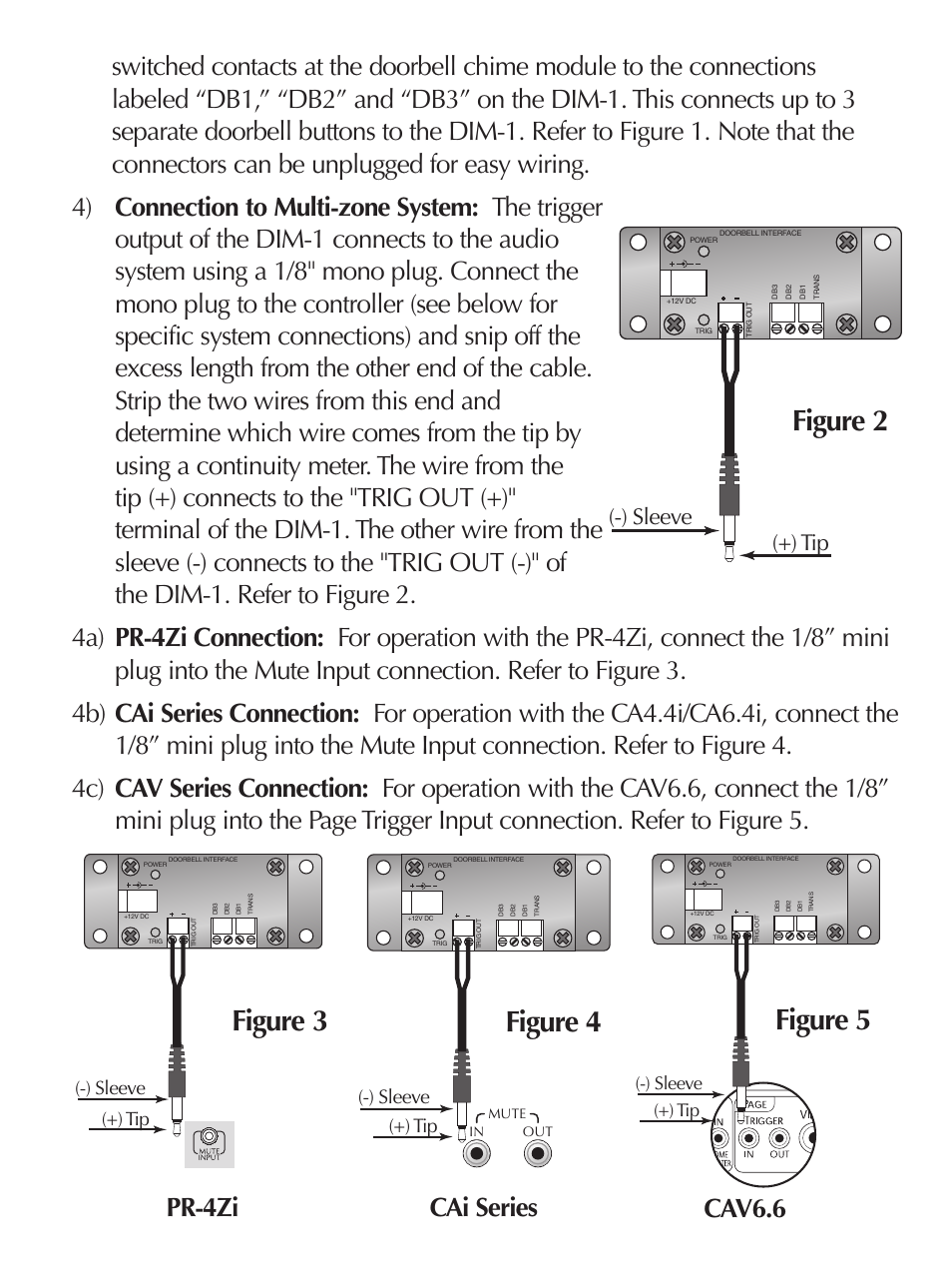 Figure 2 figure 3, Figure 4, Figure 5 | Pr-4zi cai series cav6.6, Sleeve (+) tip | Russound DOORBELL INTERFACE MODULE DIM-1 User Manual | Page 3 / 4