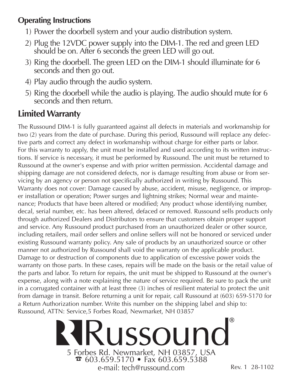 Russound DOORBELL INTERFACE MODULE DIM-1 User Manual | Page 4 / 4