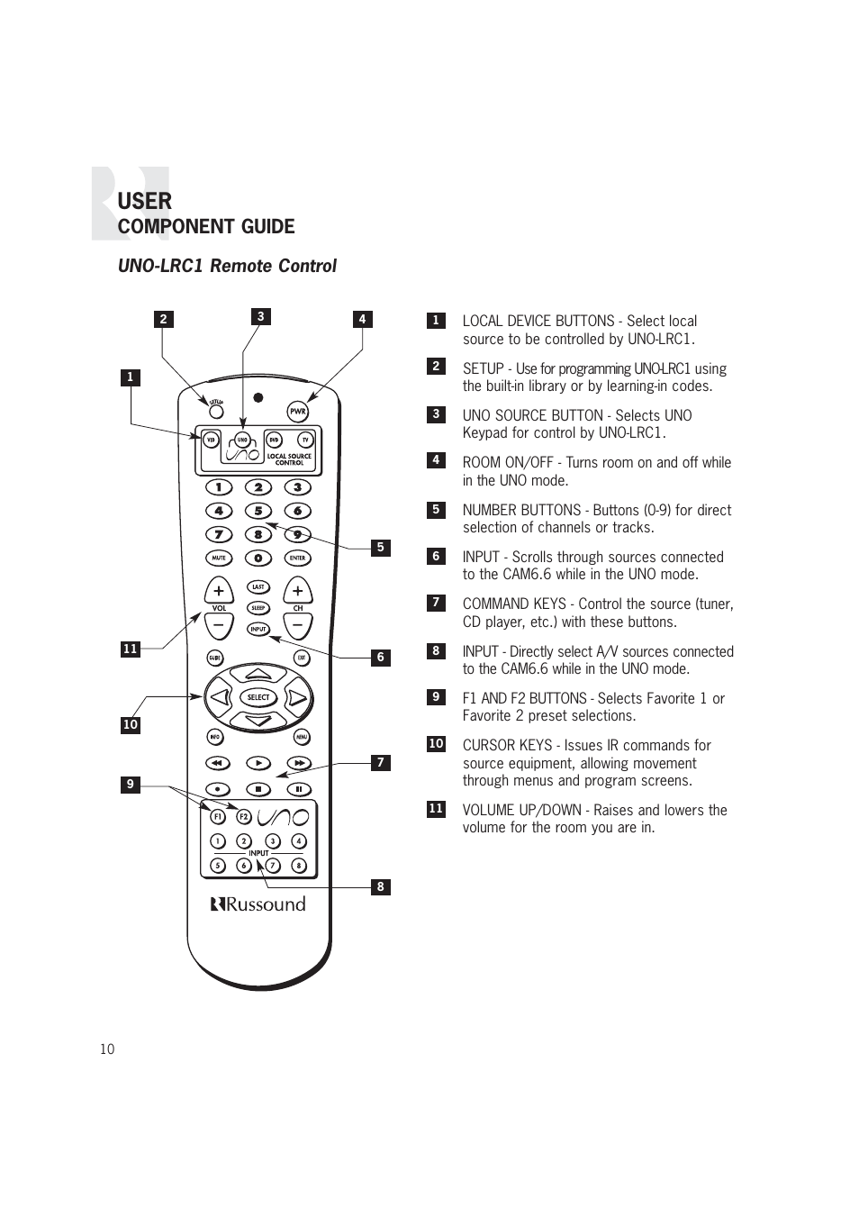 User, Component guide, Uno-lrc1 remote control | Russound CAM6.6T-S1 User Manual | Page 10 / 112