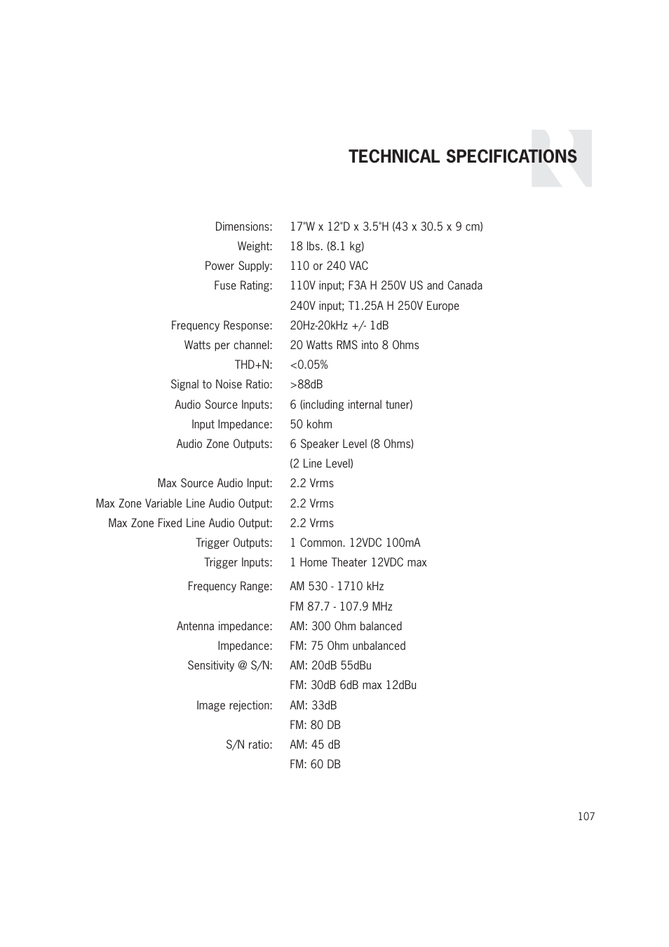 Technical specifications | Russound CAM6.6T-S1 User Manual | Page 107 / 112