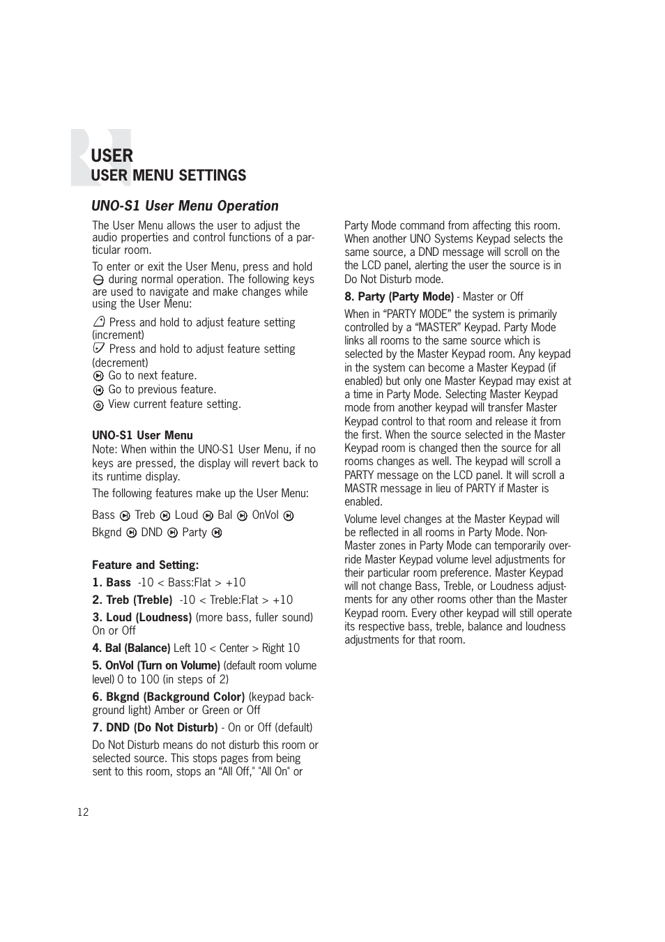 User, User menu settings | Russound CAM6.6T-S1 User Manual | Page 12 / 112