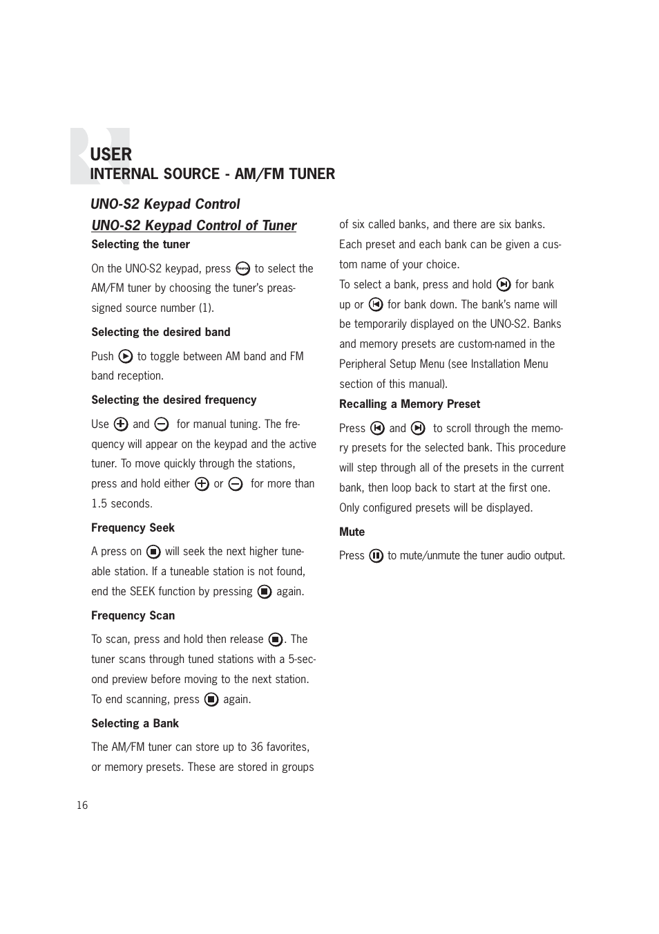 User, Internal source - am/fm tuner | Russound CAM6.6T-S1 User Manual | Page 16 / 112