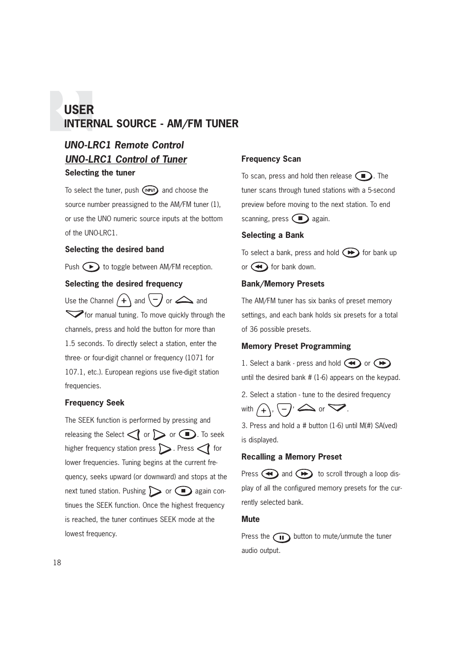 User, Internal source - am/fm tuner, Uno-lrc1 remote control uno-lrc1 control of tuner | Russound CAM6.6T-S1 User Manual | Page 18 / 112