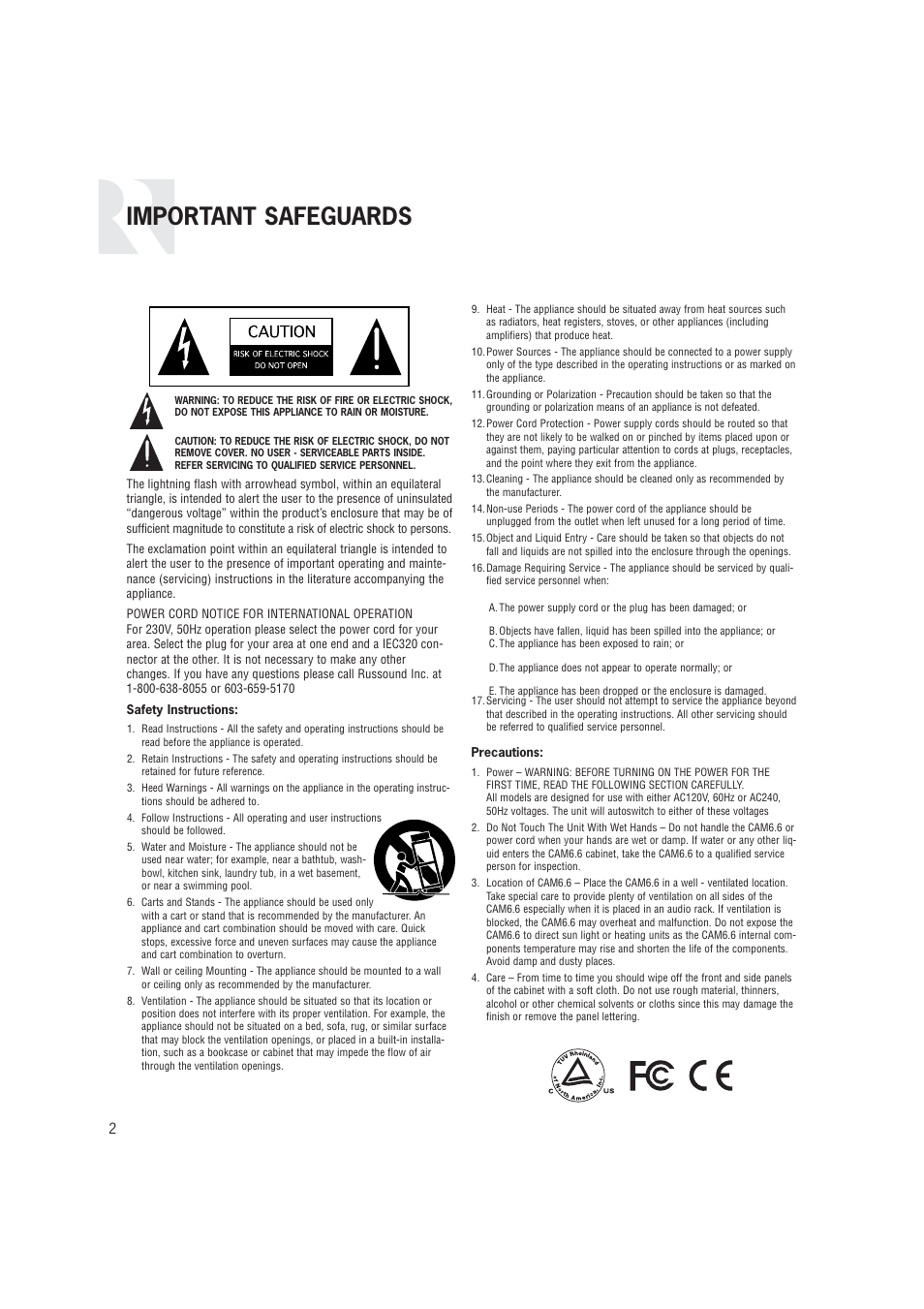 Important safeguards | Russound CAM6.6T-S1 User Manual | Page 2 / 112
