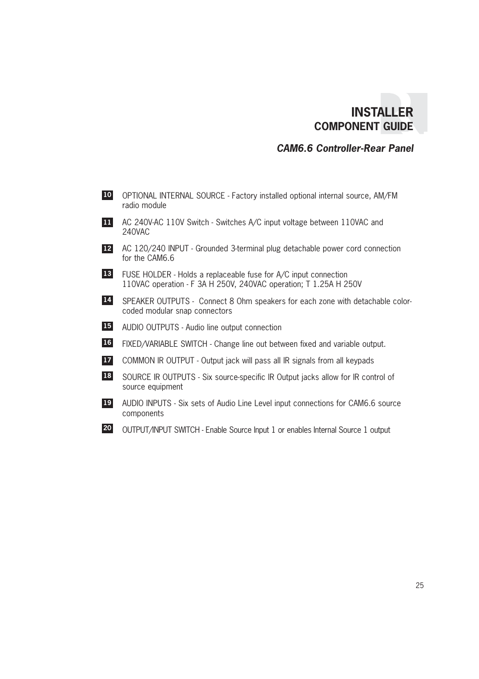 Installer, Component guide, Cam6.6 controller-rear panel | Russound CAM6.6T-S1 User Manual | Page 25 / 112