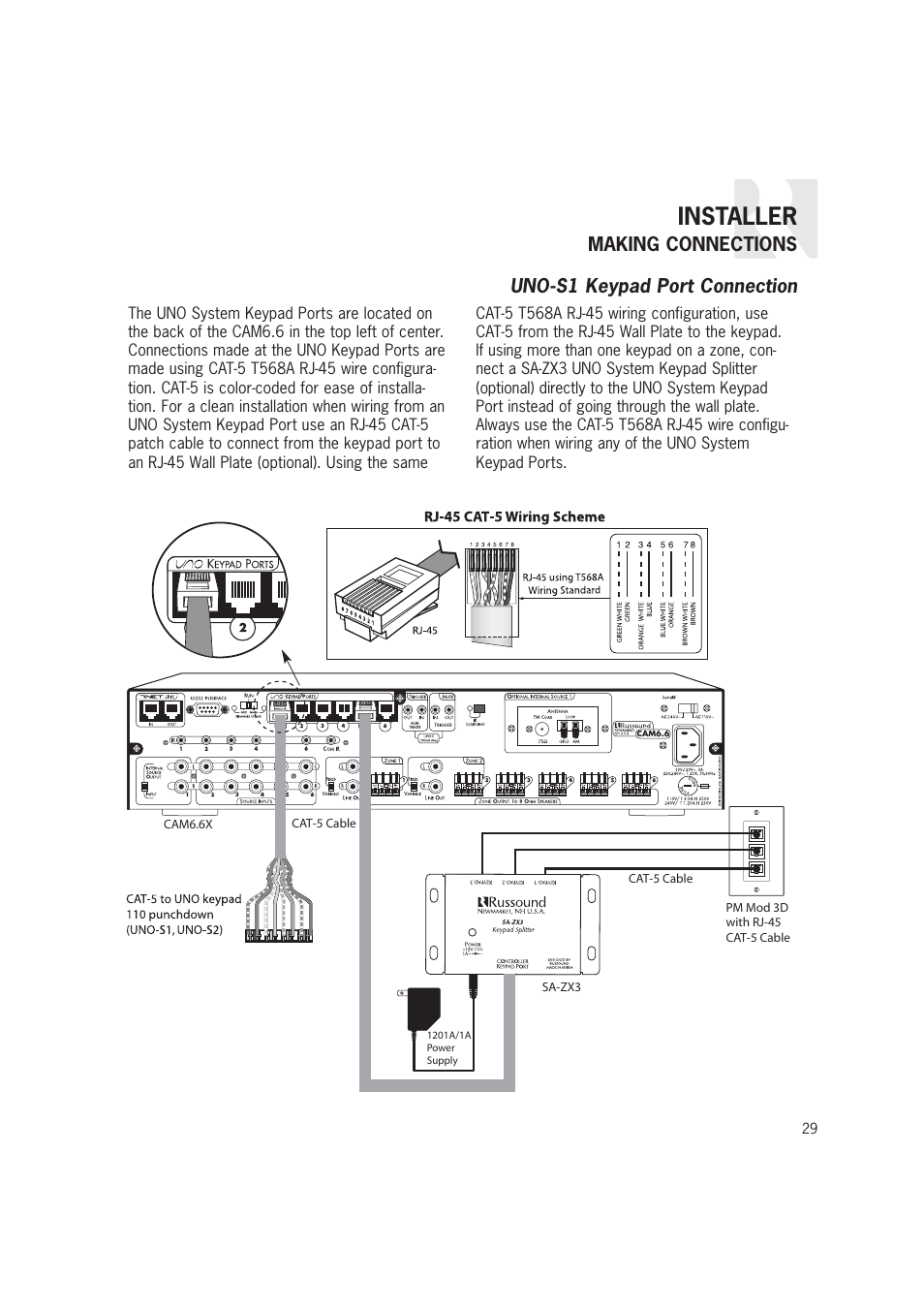 Installer, Making connections uno-s1 keypad port connection | Russound CAM6.6T-S1 User Manual | Page 29 / 112