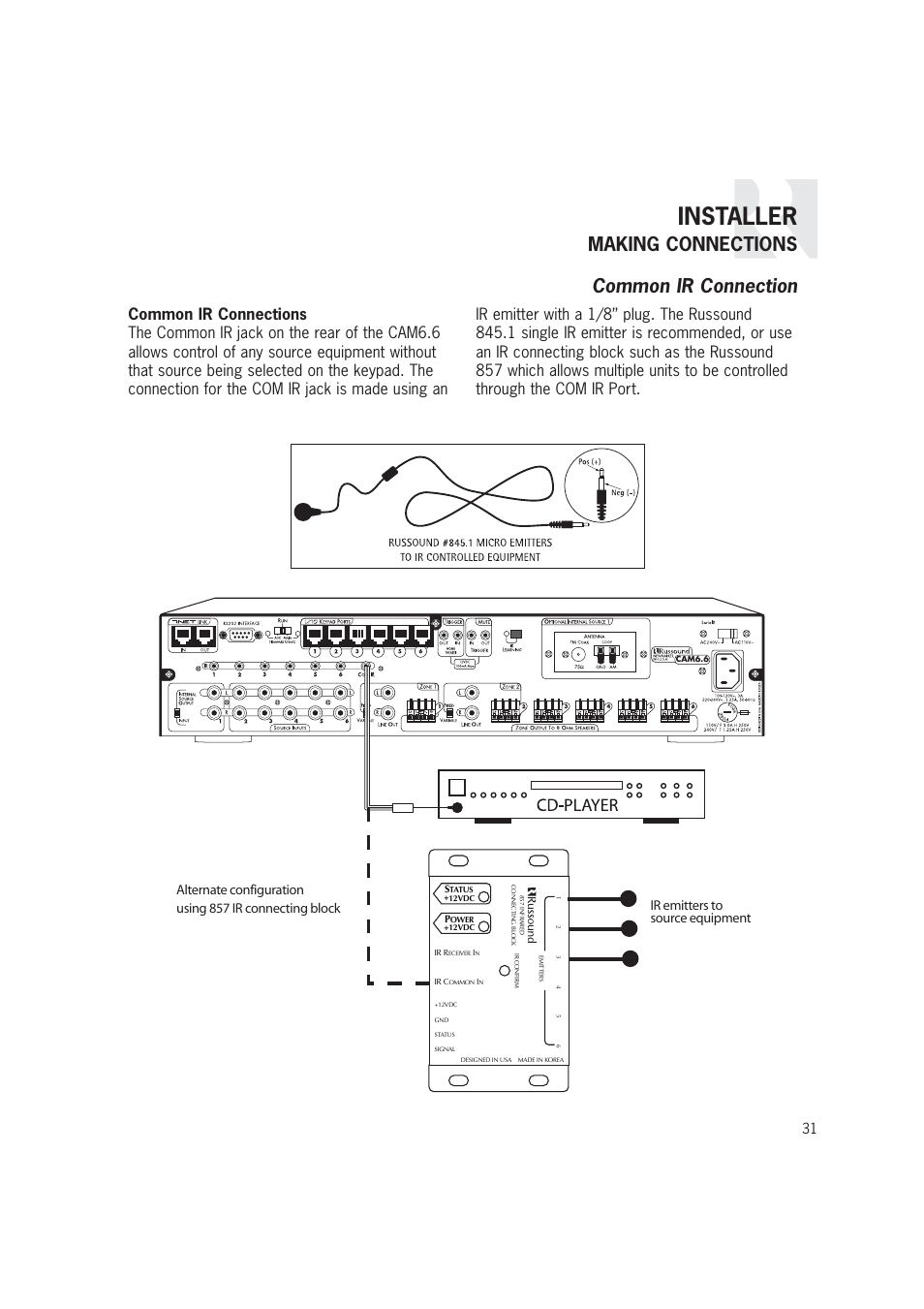 Installer, Making connections common ir connection | Russound CAM6.6T-S1 User Manual | Page 31 / 112