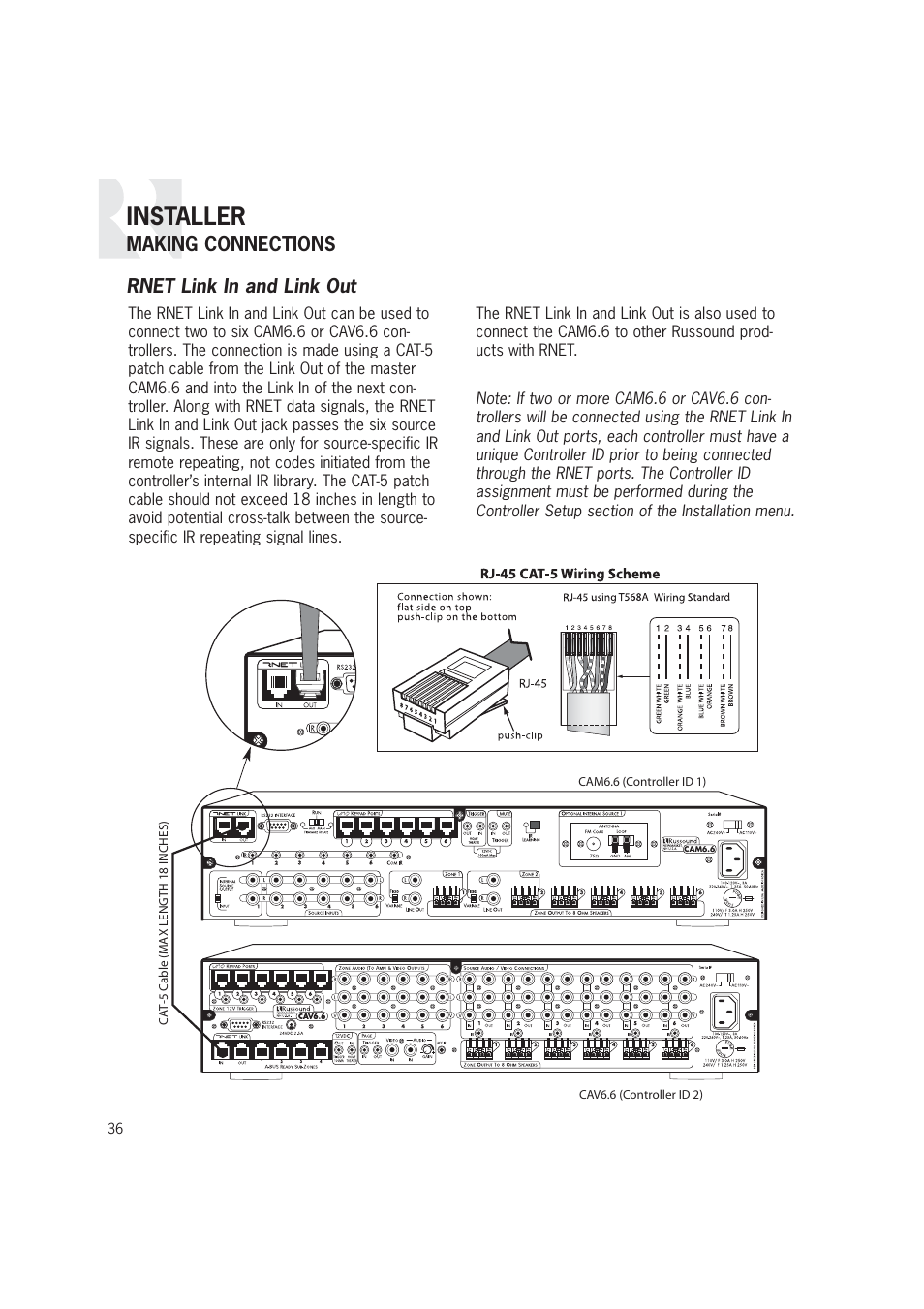 Installer, Making connections rnet link in and link out | Russound CAM6.6T-S1 User Manual | Page 36 / 112