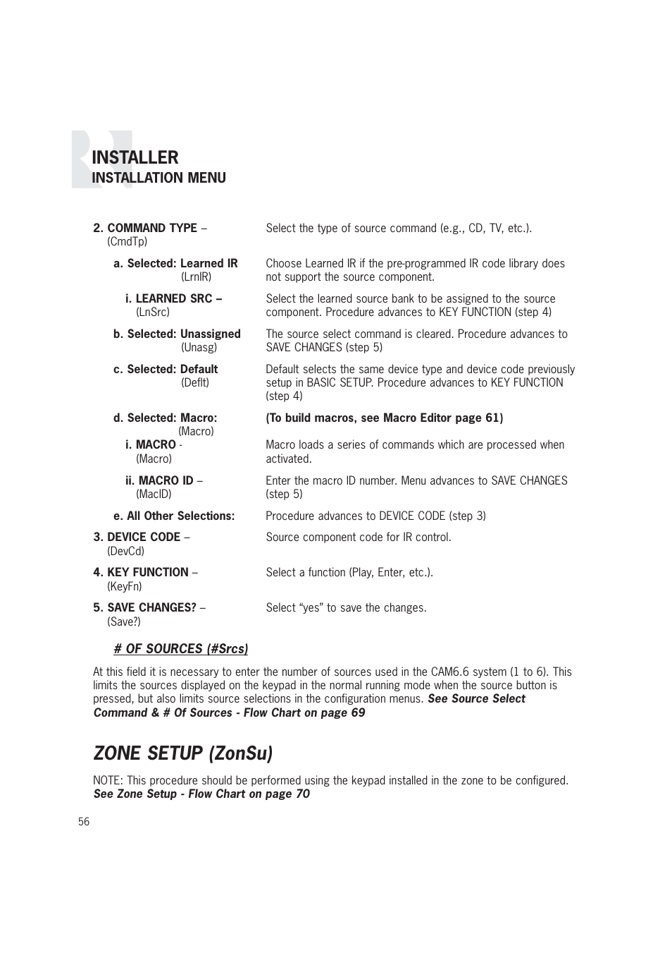 Zone setup (zonsu), Installer | Russound CAM6.6T-S1 User Manual | Page 56 / 112