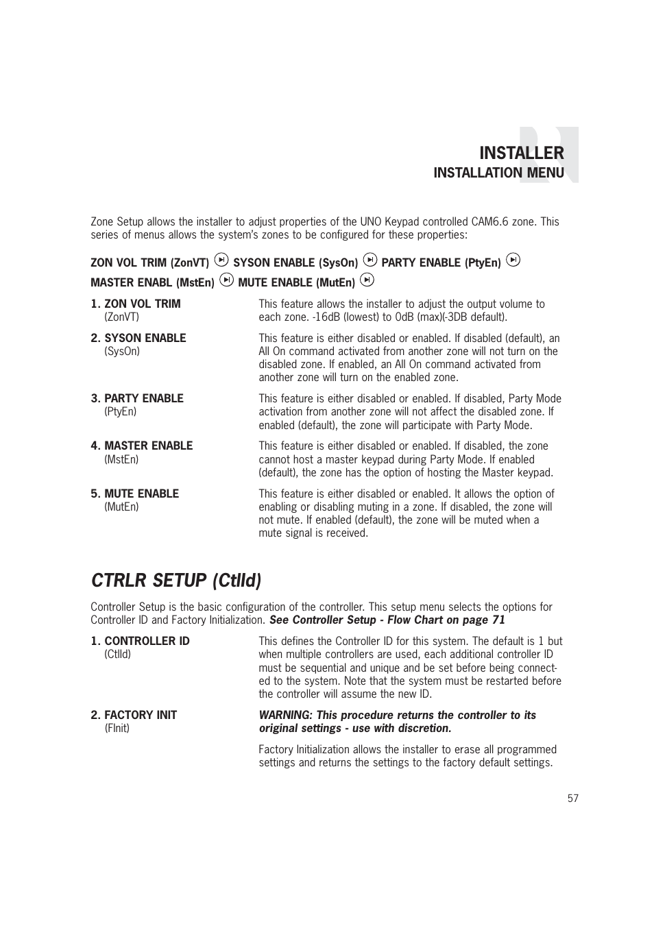 Ctrlr setup (ctlid), Installer | Russound CAM6.6T-S1 User Manual | Page 57 / 112