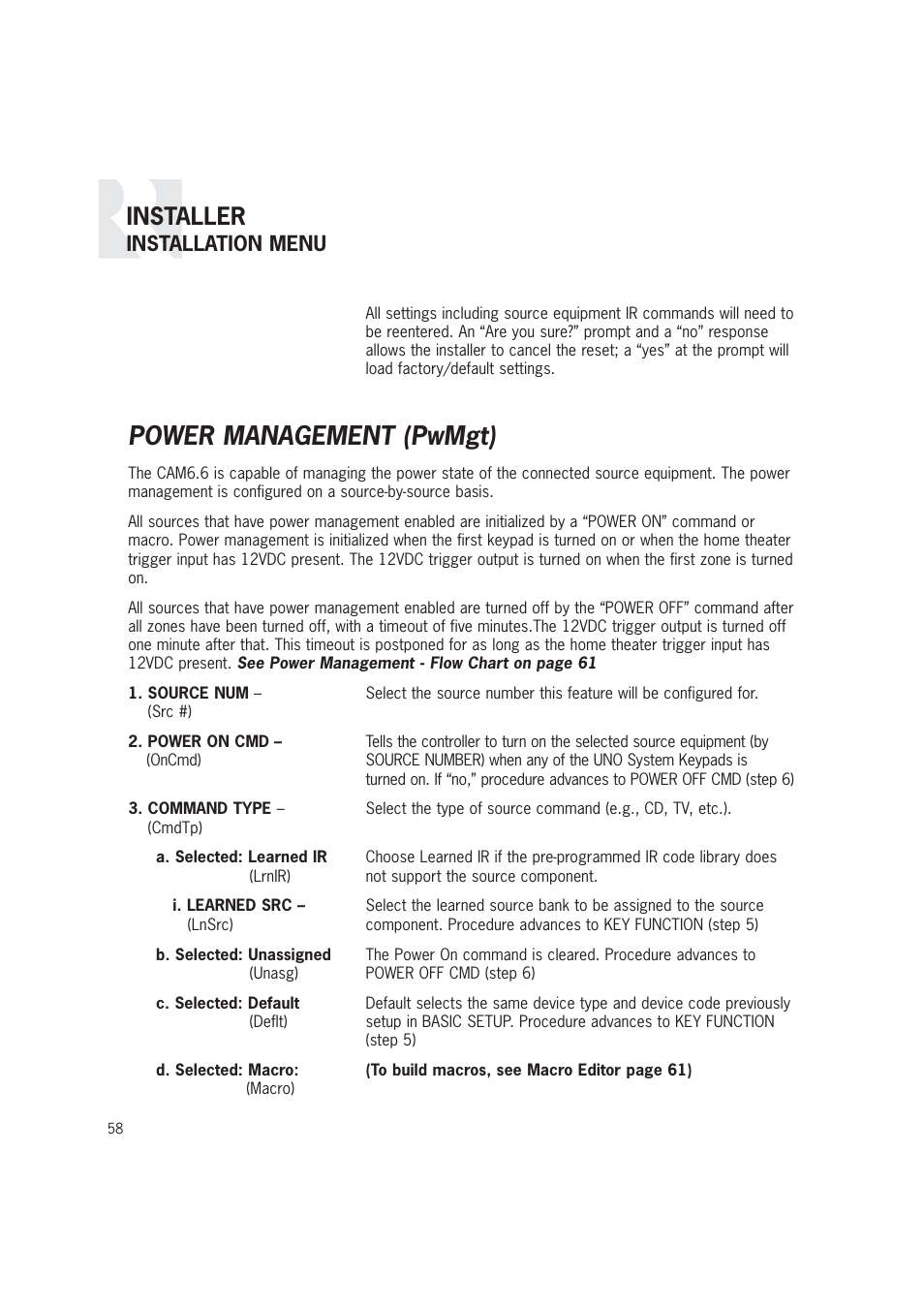 Power management (pwmgt), Installer, Installation menu | Russound CAM6.6T-S1 User Manual | Page 58 / 112