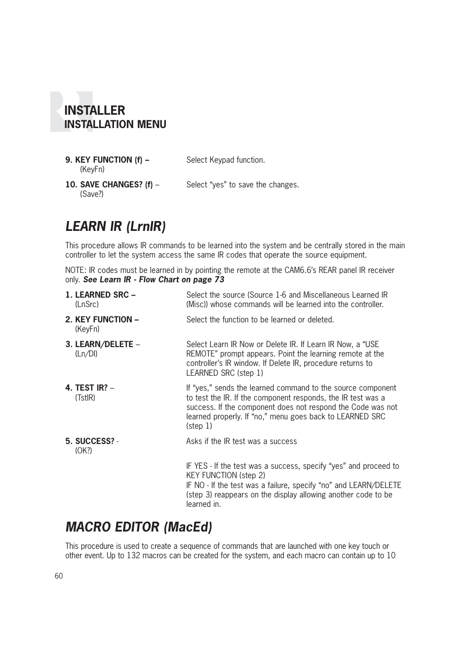Learn ir (lrnir), Macro editor (maced), Installer | Russound CAM6.6T-S1 User Manual | Page 60 / 112