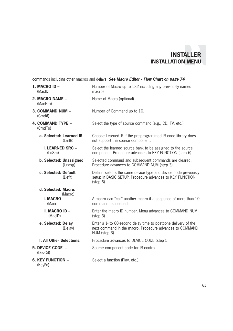 Installer, Installation menu | Russound CAM6.6T-S1 User Manual | Page 61 / 112