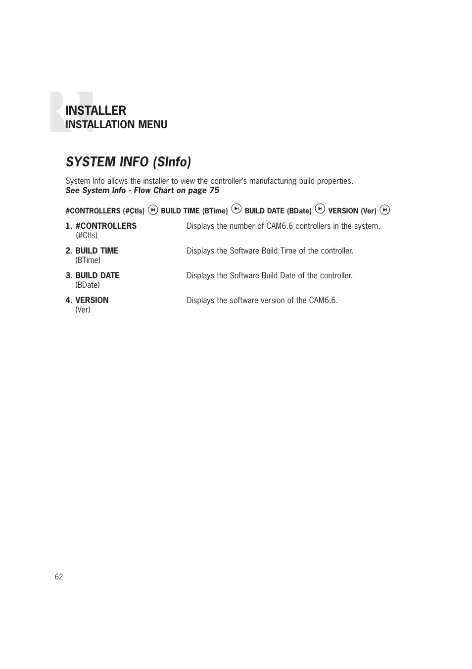 System info (sinfo), Installer, Installation menu | Russound CAM6.6T-S1 User Manual | Page 62 / 112