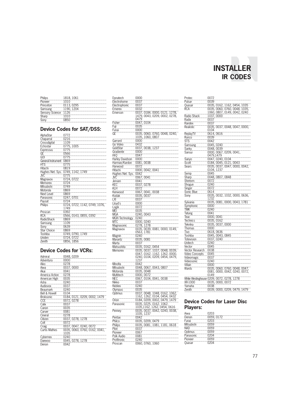 Installer, Ir codes, Device codes for sat/dss | Device codes for vcrs, Device codes for laser disc players | Russound CAM6.6T-S1 User Manual | Page 77 / 112