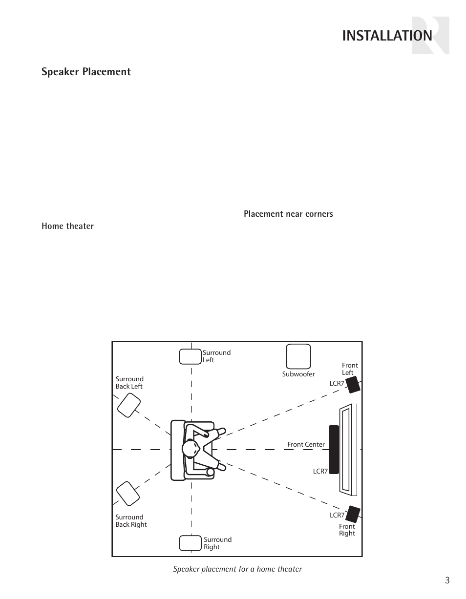 Installation, Speaker placement | Russound LCR7 User Manual | Page 3 / 8