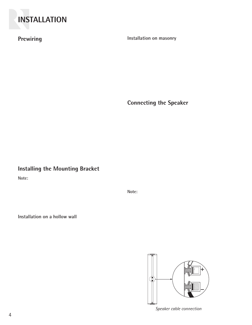 Installation, Prewiring, Installing the mounting bracket | Connecting the speaker | Russound LCR7 User Manual | Page 4 / 8