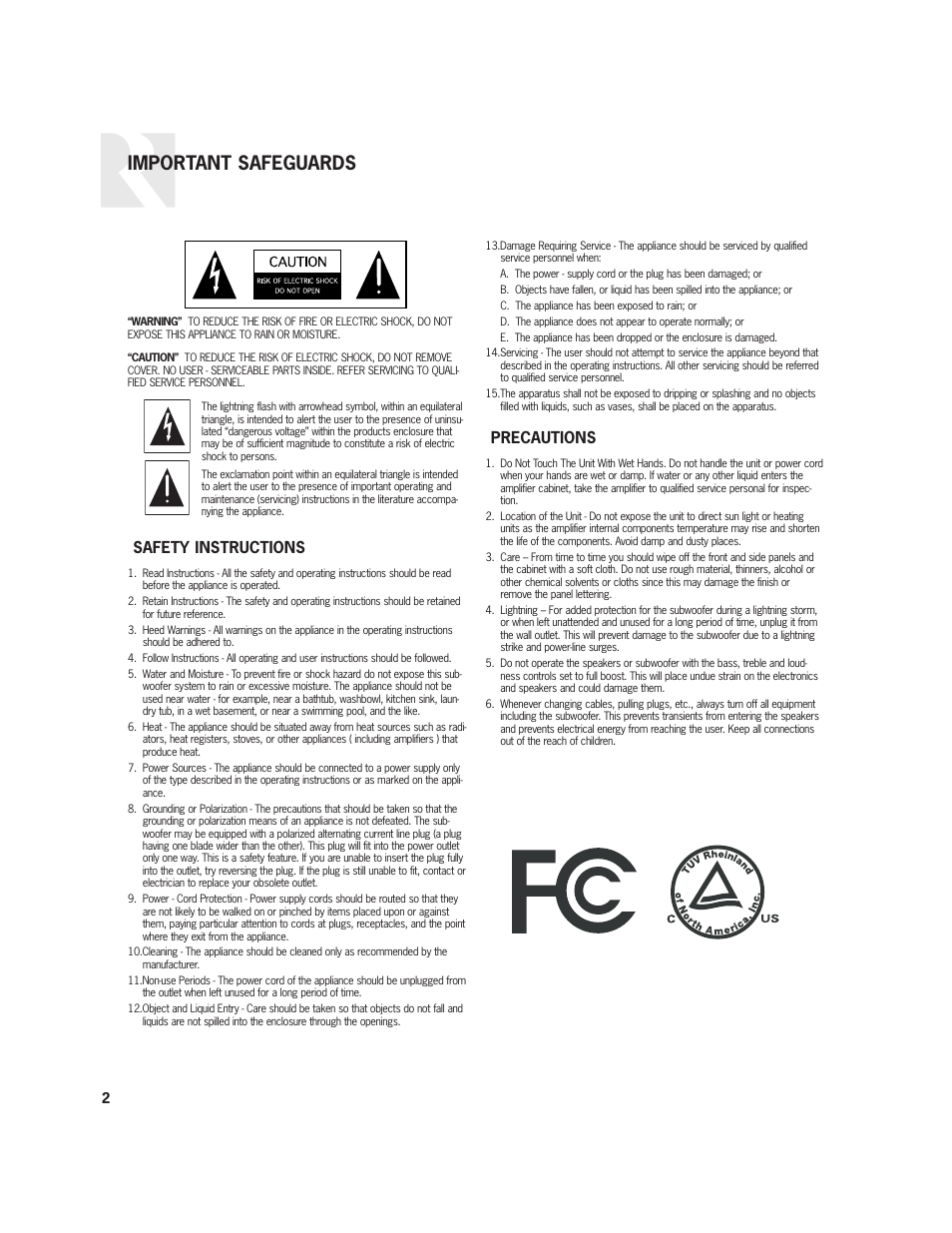 Important safeguards, Safety instructions, Precautions | Russound Complement R12DT User Manual | Page 2 / 8