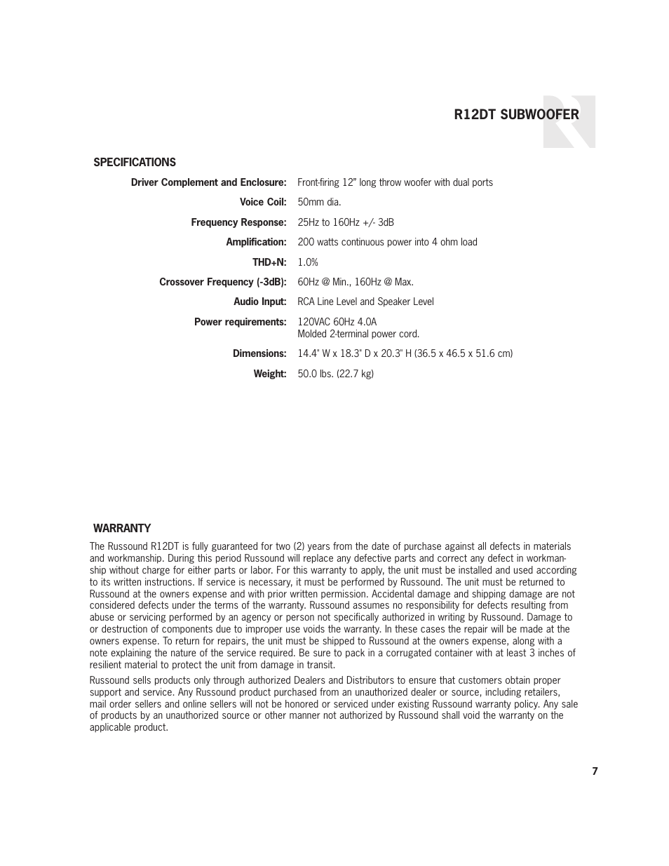 R12dt subwoofer | Russound Complement R12DT User Manual | Page 7 / 8