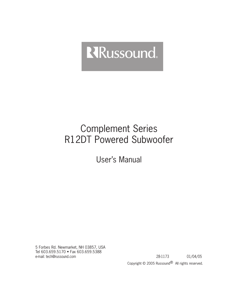 Complement series r12dt powered subwoofer, User’s manual | Russound Complement R12DT User Manual | Page 8 / 8