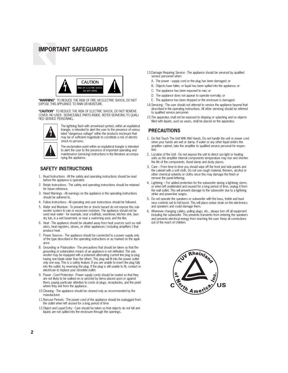 Important safeguards, Safety instructions, Precautions | Russound Complement R10DT User Manual | Page 2 / 8