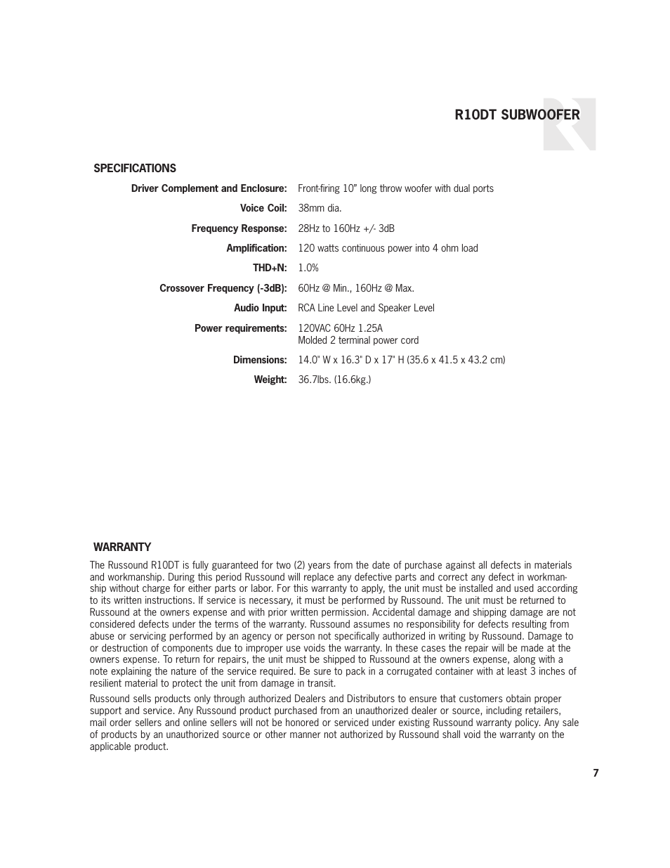 R10dt subwoofer | Russound Complement R10DT User Manual | Page 7 / 8