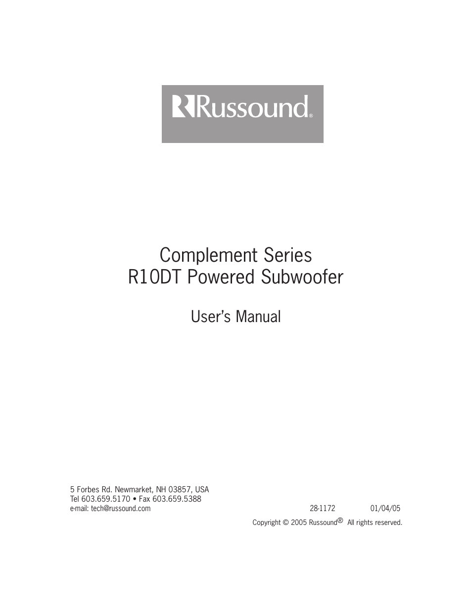 Complement series r10dt powered subwoofer, User’s manual | Russound Complement R10DT User Manual | Page 8 / 8