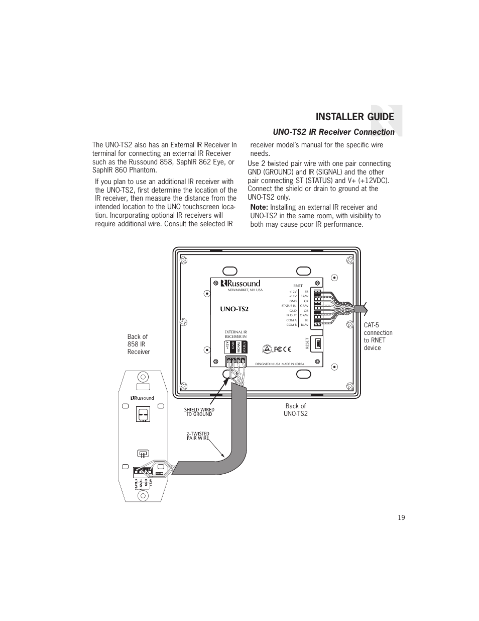 Installer guide, Uno-ts2 ir receiver connection, Uno-ts2 | Back of 858 ir receiver back of uno-ts2, Cat-5 connection to rnet device | Russound UNO-TS2 User Manual | Page 19 / 28