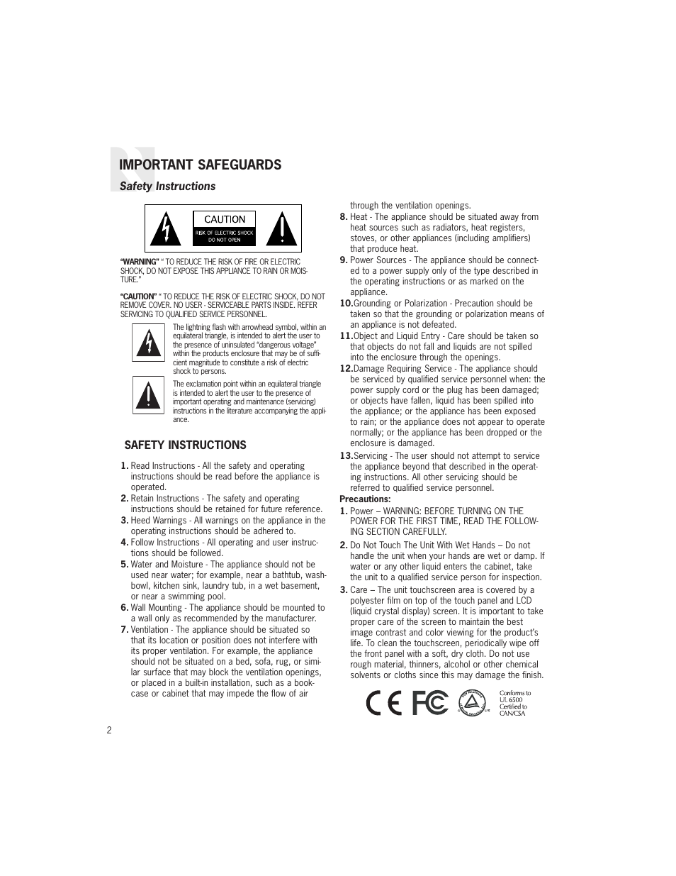 Important safeguards | Russound UNO-TS2 User Manual | Page 2 / 28