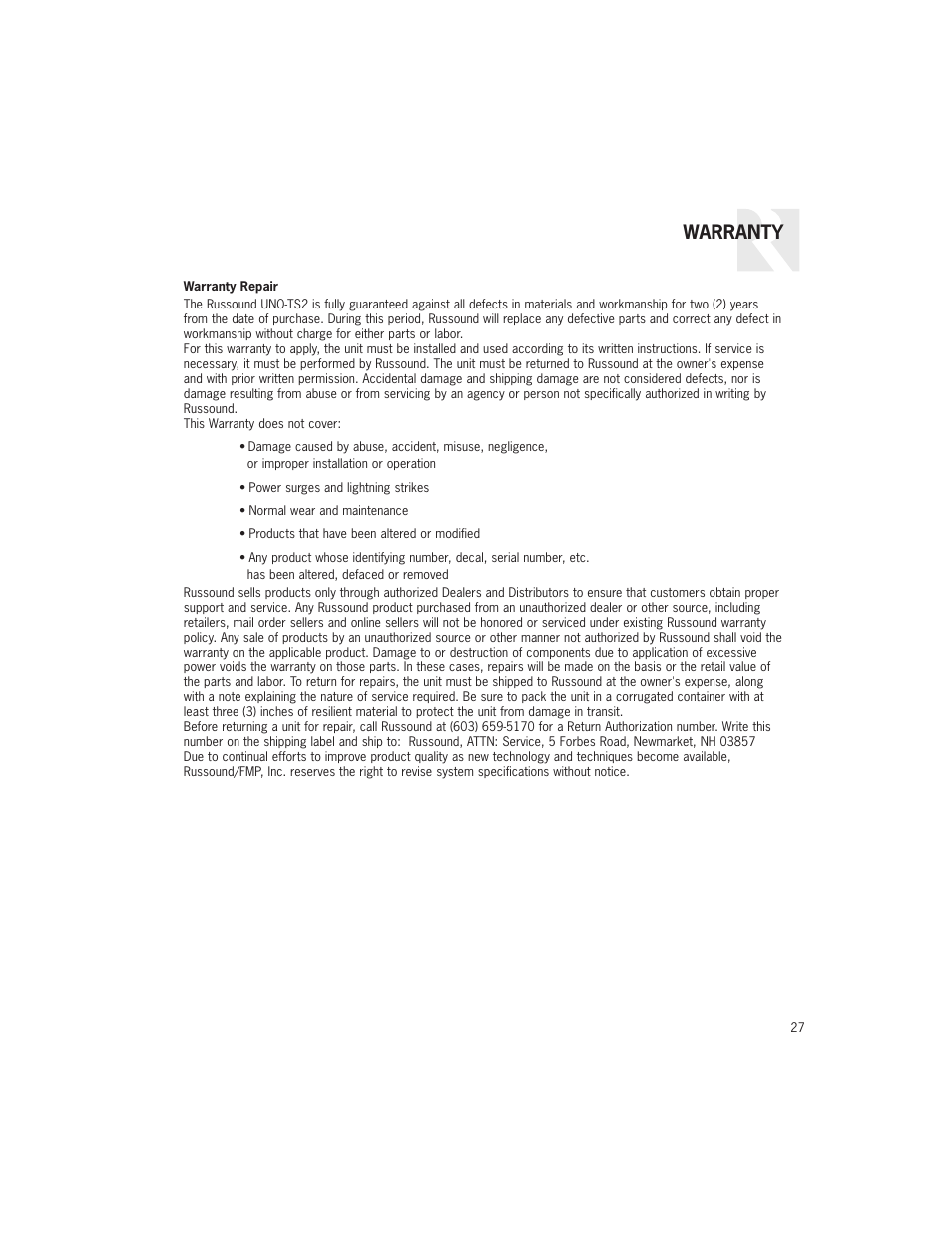 Warranty | Russound UNO-TS2 User Manual | Page 27 / 28