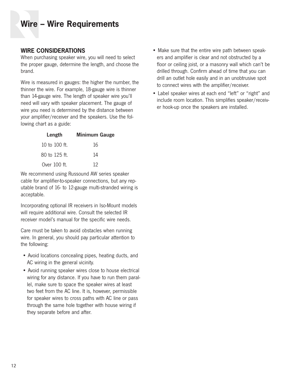 Wire – wire requirements | Russound Advantage Series User Manual | Page 12 / 24