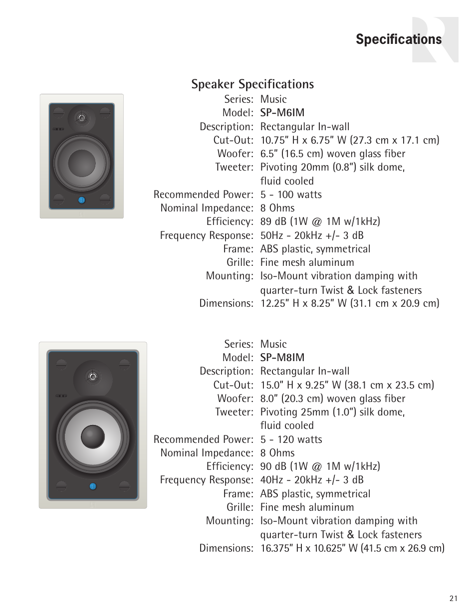 Speaker specifications, Specifications | Russound Advantage Series User Manual | Page 21 / 24