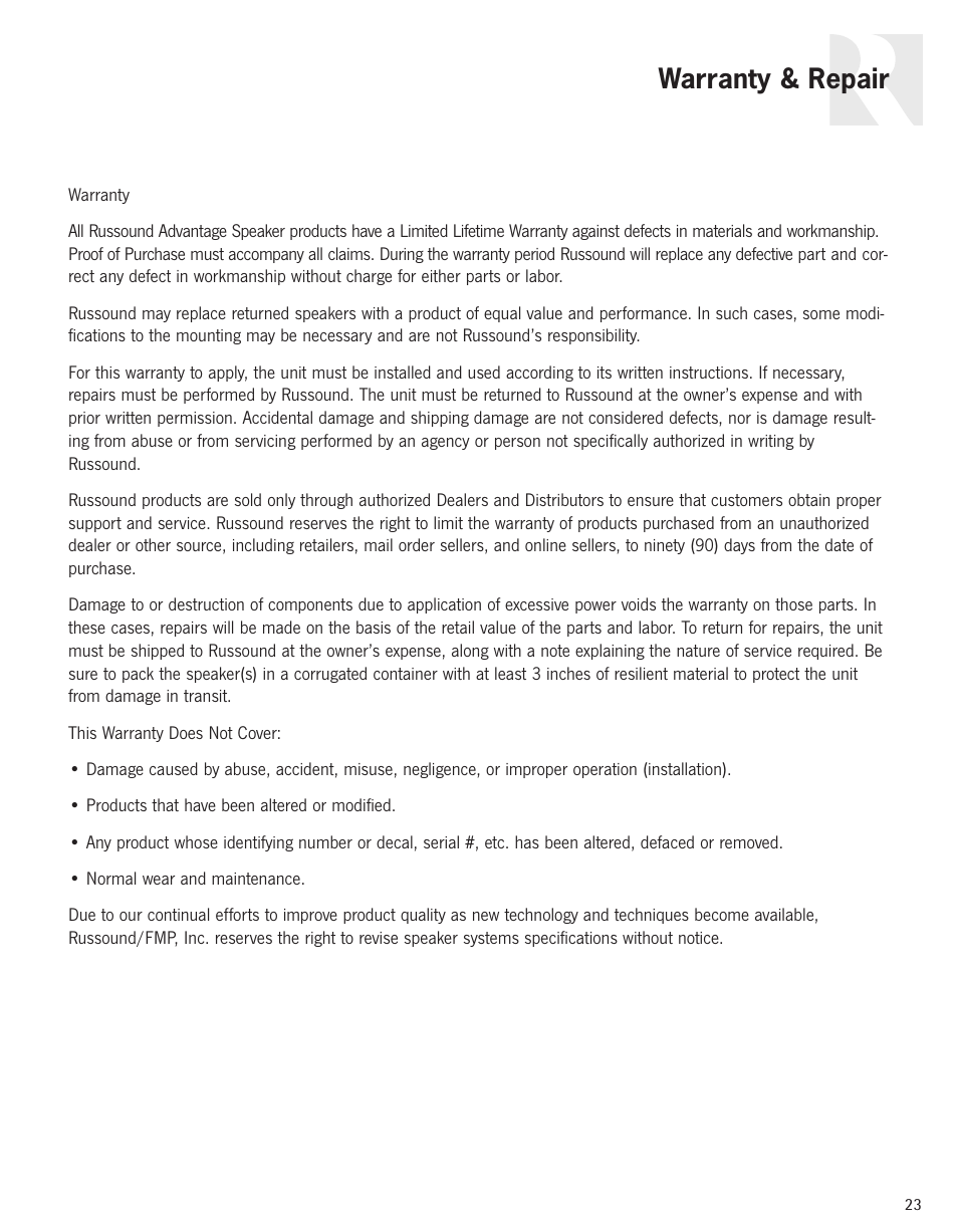 Warranty & repair | Russound Advantage Series User Manual | Page 23 / 24