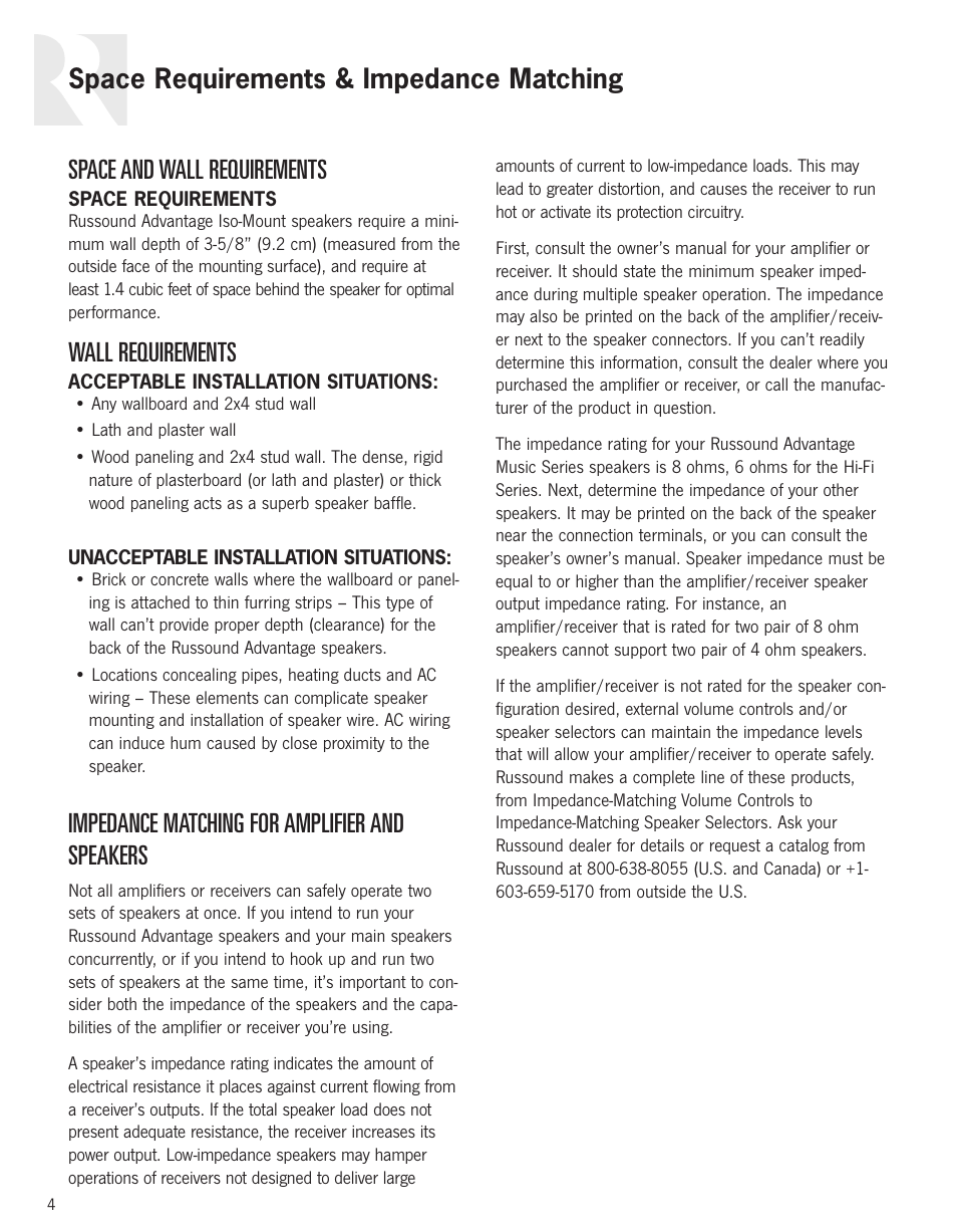 Wall requirements, Impedance matching for amplifier and speakers | Russound Advantage Series User Manual | Page 4 / 24