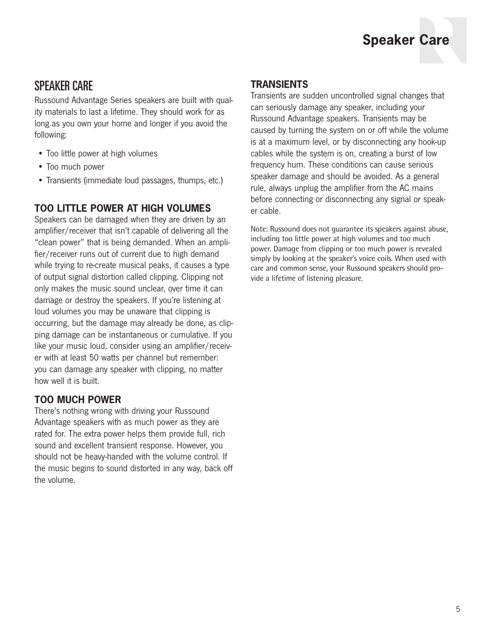 Speaker care | Russound Advantage Series User Manual | Page 5 / 24